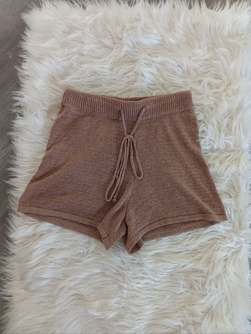 Lightweight High Rise Tie Waist Cozy Minimalist Coffee Beach Knit Shorts - Picture 4 of 4